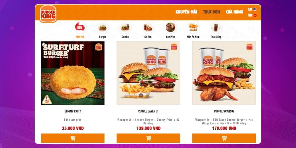 Thiết kế web đặt đồ ăn nhanh với thực đơn rõ ràng