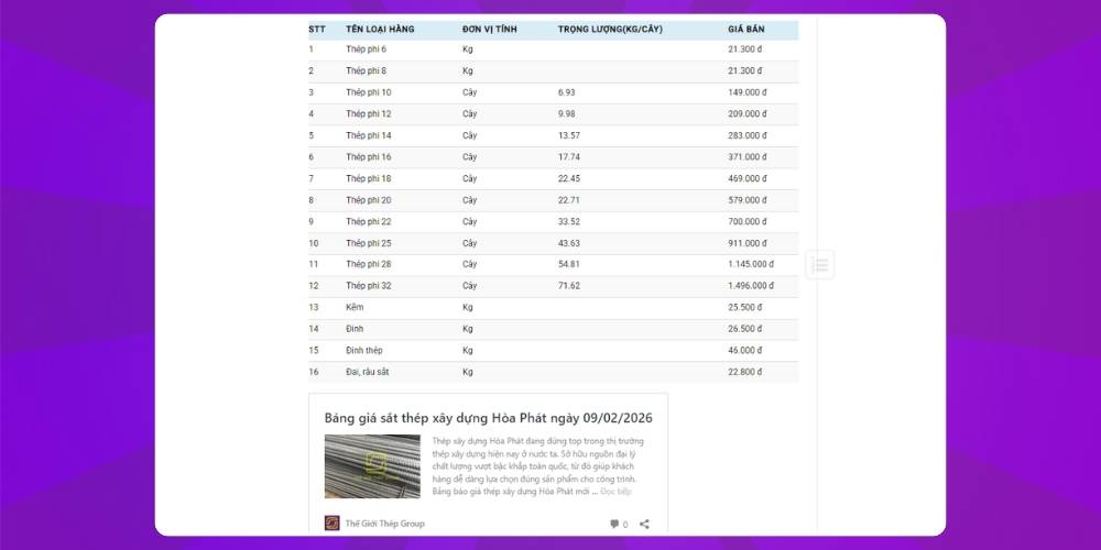 Thiết kế web bán sắt thép chuyên nghiệp với bảng giá cập nhật thường xuyên