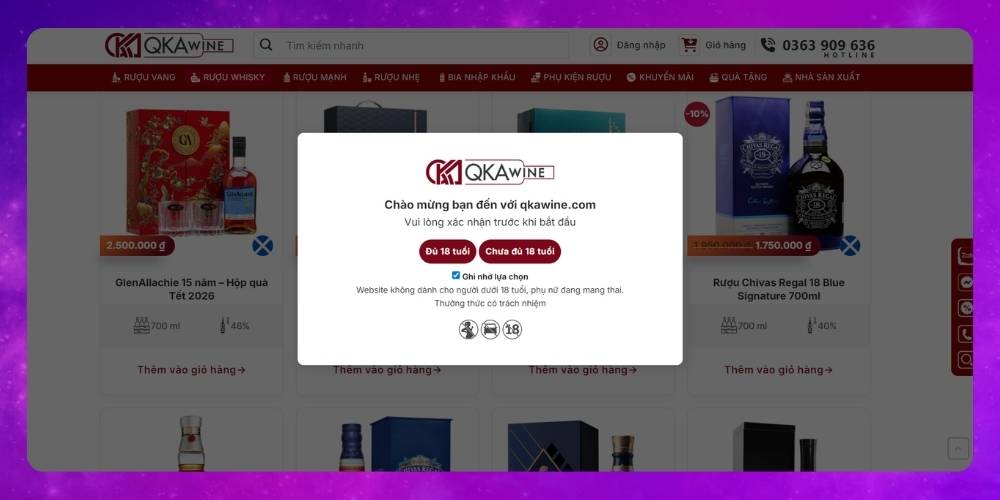 Thiết kế web bán rượu chuyên nghiệp với tính năng xác nhận độ tuổi