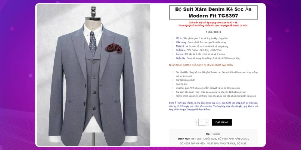 Thiết kế web bán vest với thông tin sản phẩm chi tiết