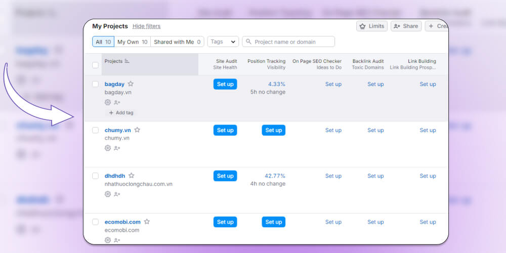 Tính năng quản lý các projects với SEMrush