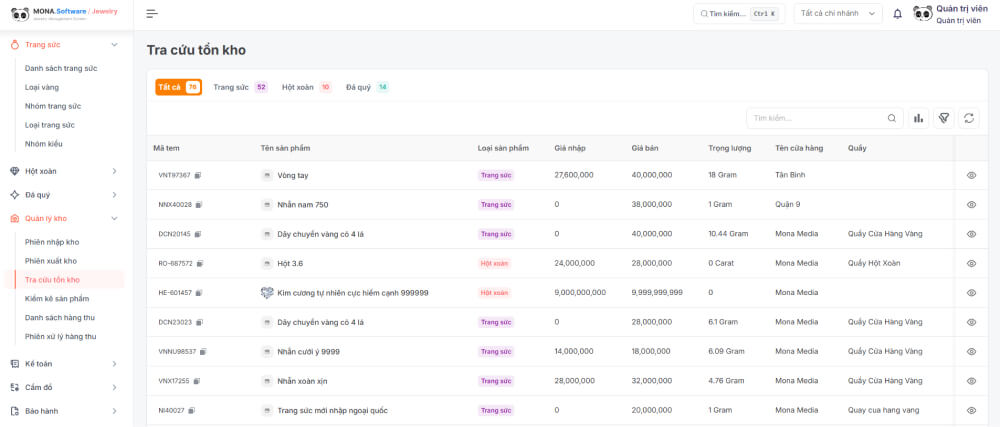 Chức năng quản lý kho cho cửa hàng bán trang sức