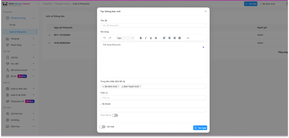 Tính năng tạo và quản lý thông báo của hệ thống phần mềm quản lý học tập