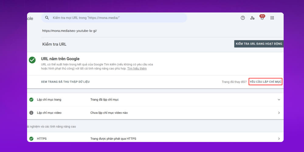 tính năng "Yêu cầu lập chỉ mục"
