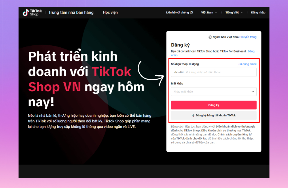 Truy cập TikTok Seller để đăng ký mở TikTok Shop