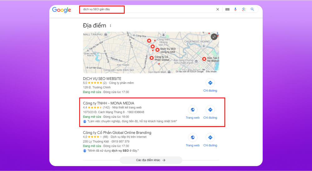 Ví dụ SEO Local của MONA Media