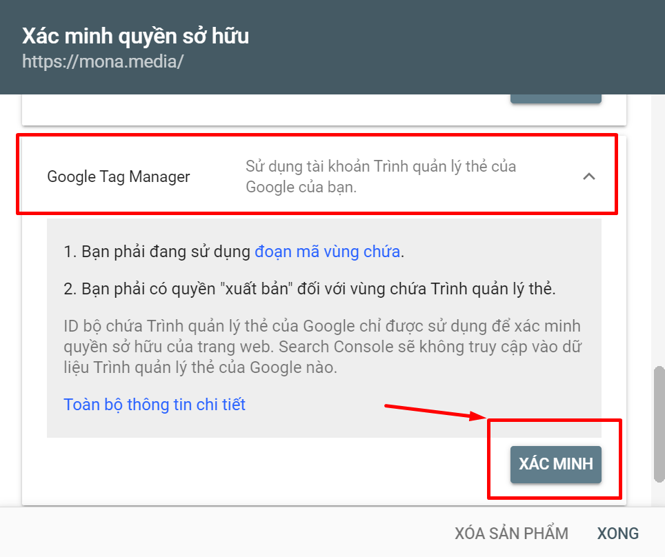 Xác minh quyền sở hữu bằng Google Tag Manager