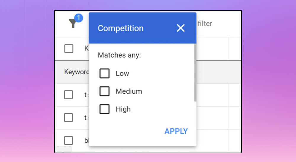 Bộ lọc Competition của tool lập kế hoạch từ khóa
