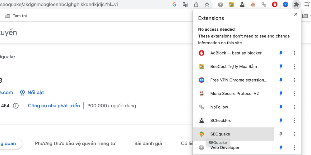 chọn extensions chọn seoquake