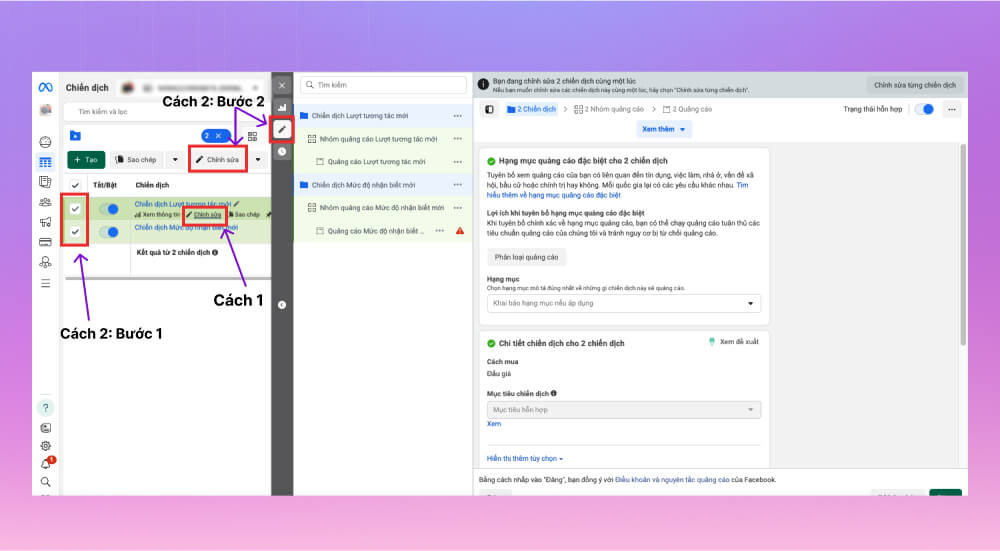 Thao tác chỉnh sửa nội dung chiến dịch trên Facebook Ads Manager