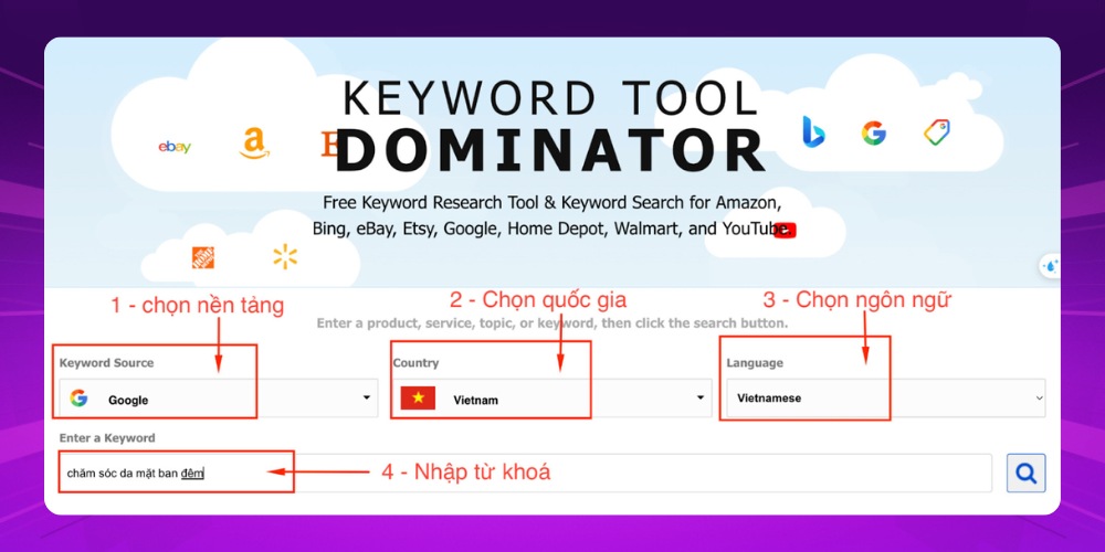 Gõ keyword cần nghiên cứu vào công cụ Keyword Tool Dominator Gõ keyword cần nghiên cứu vào công cụ Keyword Tool Dominator