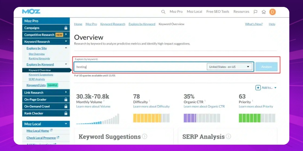 Gõ từ khóa và nhấn Analyze lên công cụ Moz Keyword Explorer Gõ từ khóa và nhấn Analyze lên công cụ Moz Keyword Explorer