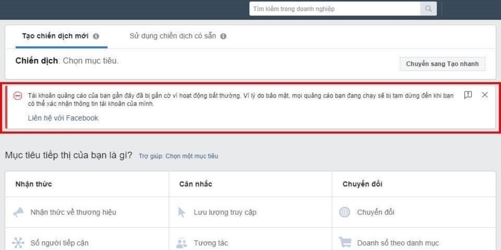 tài khoản quảng cáo facebook bị gắn cờ