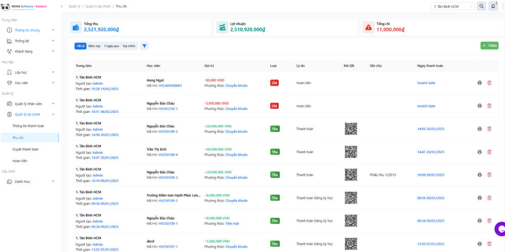 Phần mềm MONA EduCenter giúp quản lý thu chi tiện lợi