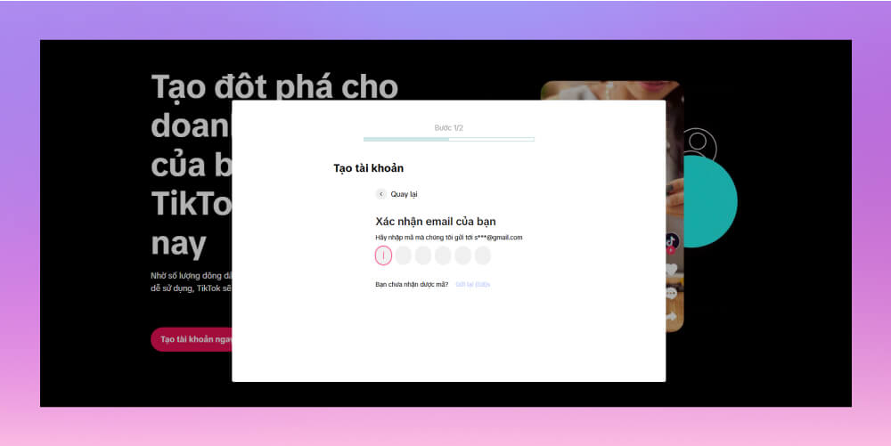 Bước xác thực email chạy quảng cáo TikTok