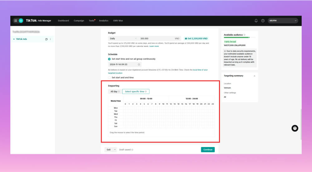 Lựa chọn khung giờ hiển thị quảng cáo TikTok