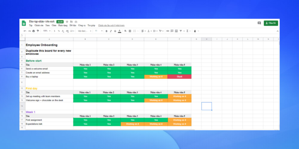 Biểu mẫu 1 về quy trình đào tạo nhân viên mới trên excel