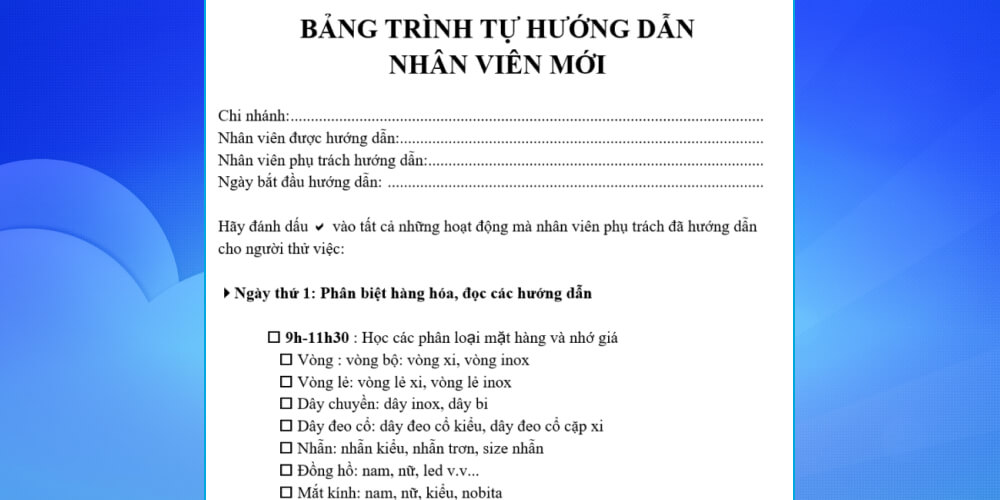 Biểu mẫu 1 về quy trình đào tạo nhân viên mới trên word