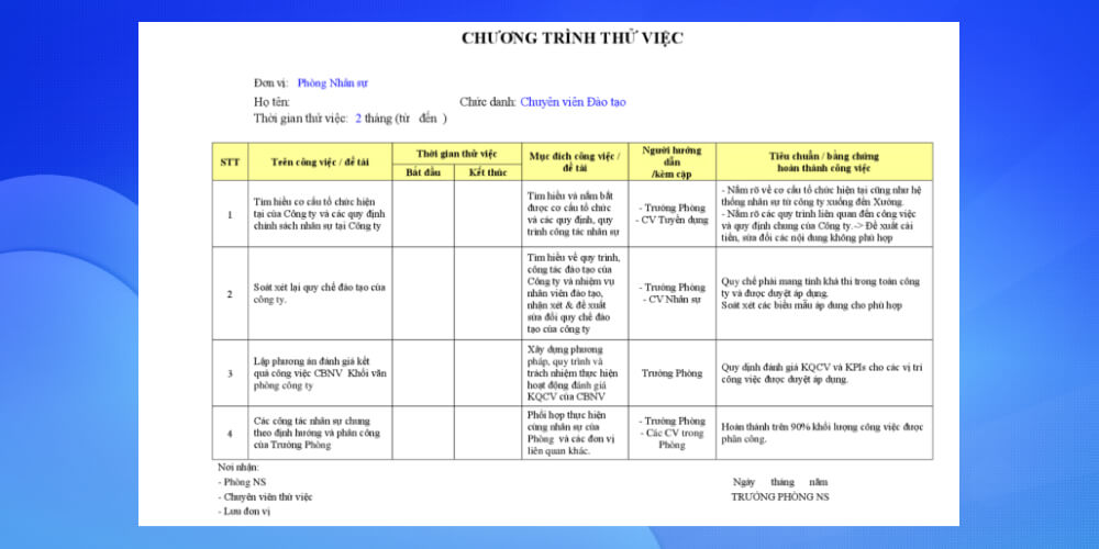 Biểu mẫu 2 về quy trình đào tạo nhân viên mới trên word