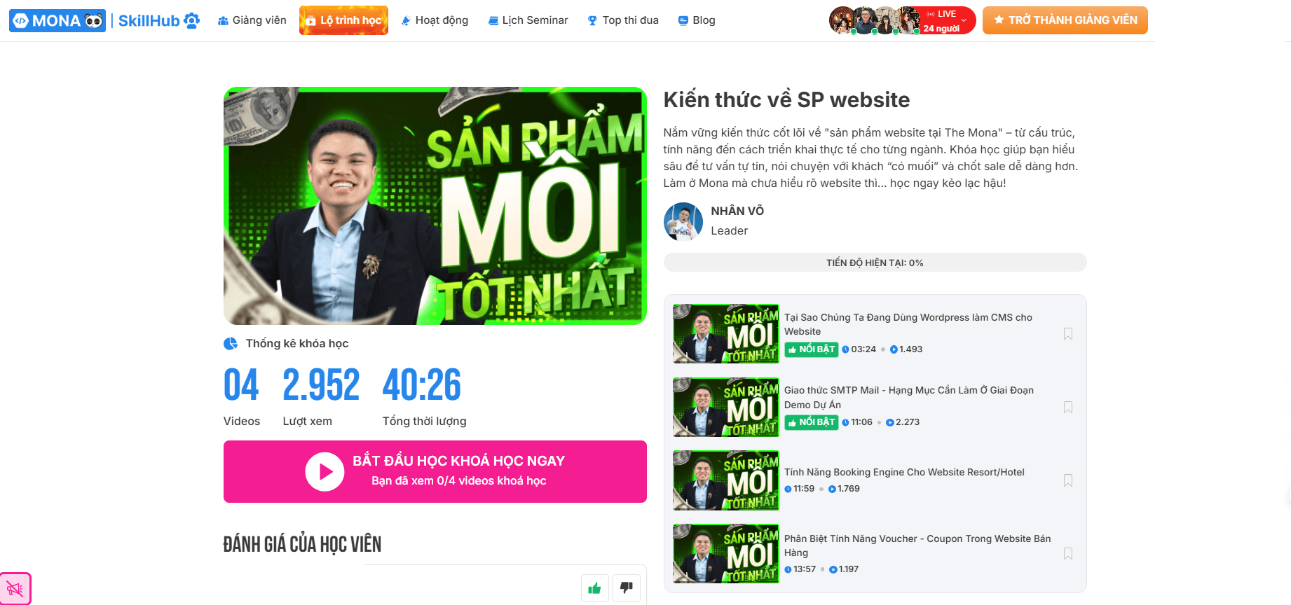 Khóa học đào tạo về sản phẩm của công ty trên SkillHub 3.0