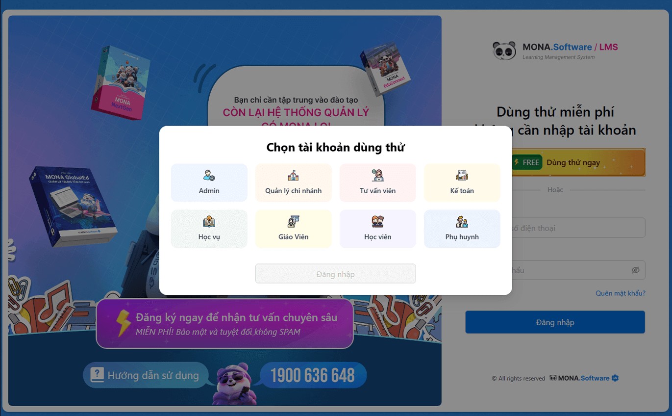 Thao tác đăng nhập phần mềm MONA LMS