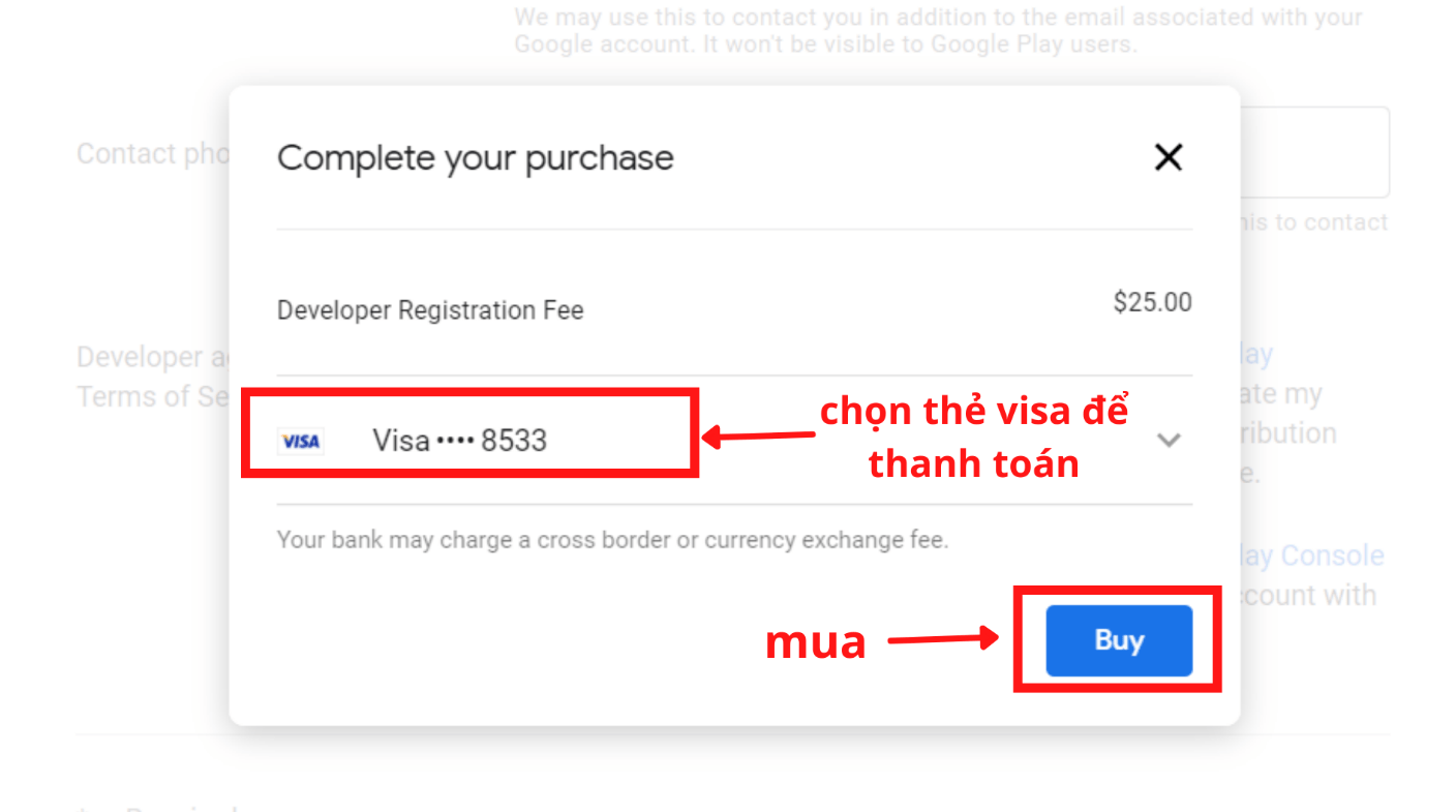Thanh toán phí đăng ký tài khoản Google Developer