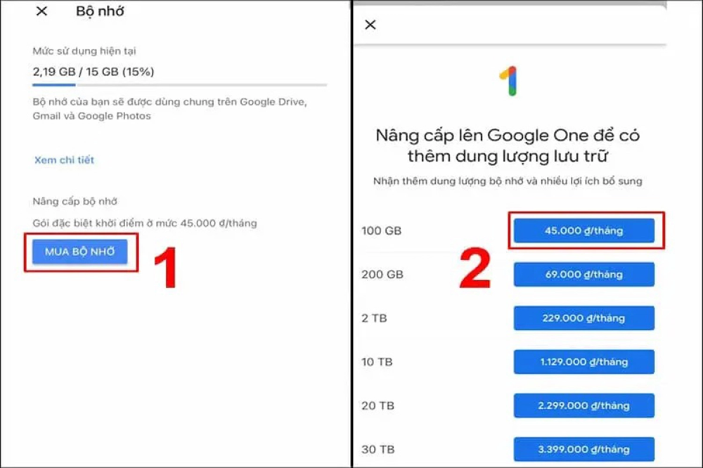 Cách mua dung lượng Google Drive, Chọn gói dung lượng