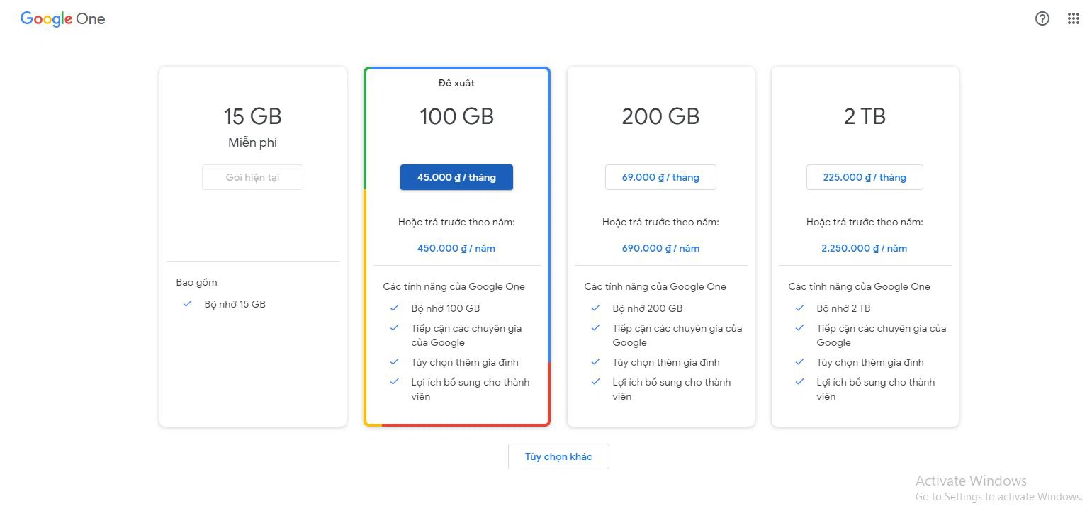 Cách mua dung lượng Google Drive qua Google One