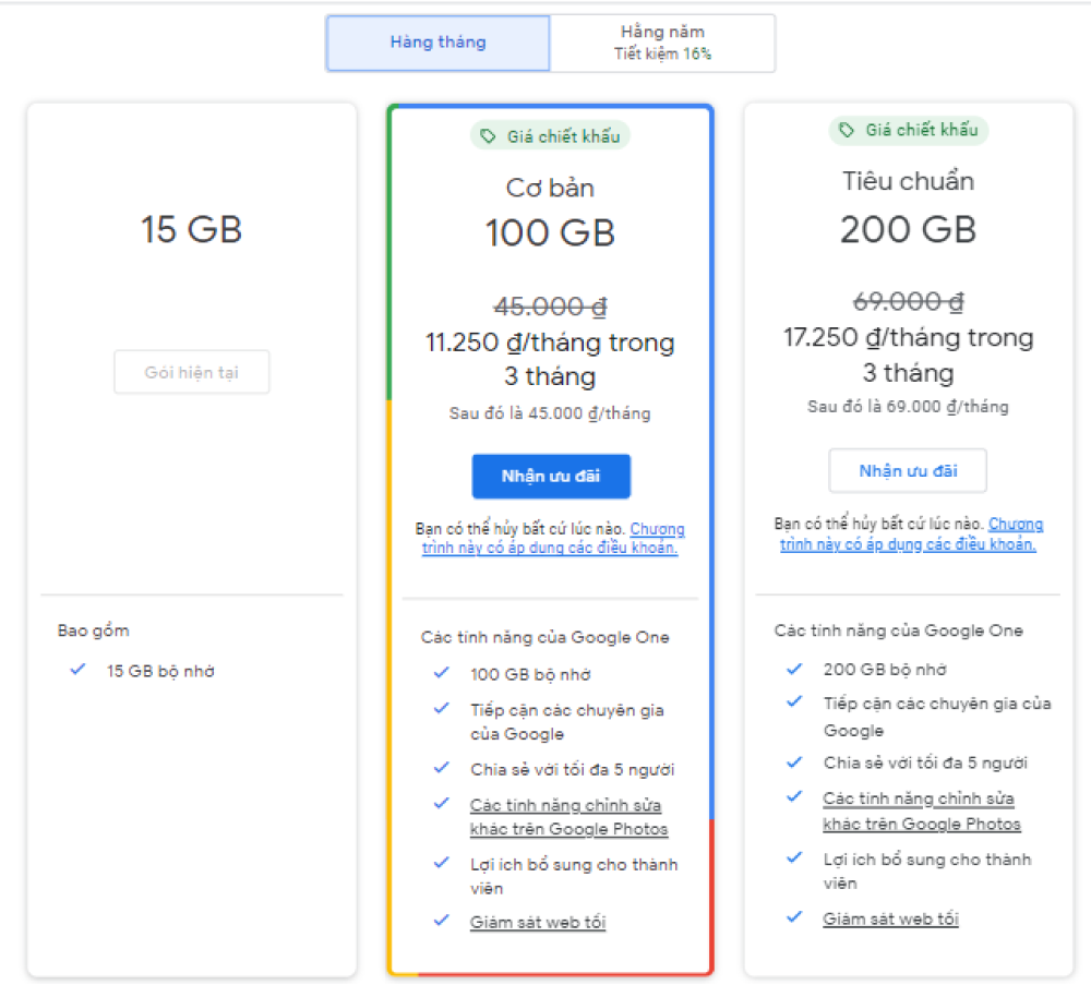 Chọn gói dung lượng Google Drive mà bạn mong muốn