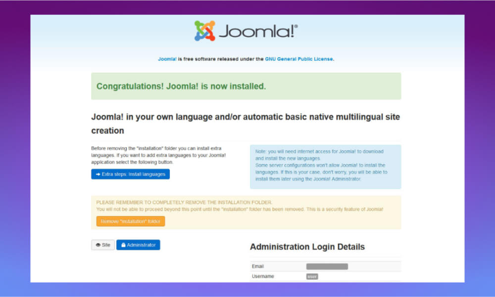 Hoàn tất cài đặt Joomla tạo website thành công