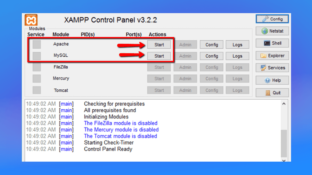 Để cài đặt XAMPP bạn cần chạy 2 module: Apache và MySQL