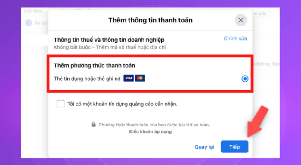 Chọn phương thức thanh toán với tài khoản quảng cáo doanh nghiệp