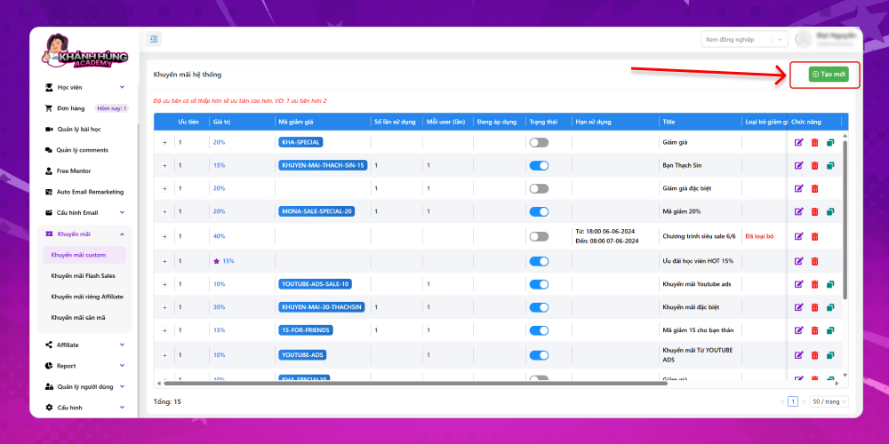 Tạo mới khuyến mãi custom