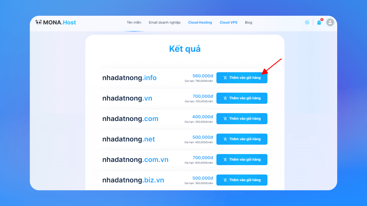 Nếu tên miền bạn muốn đăng ký khả dụng, hãy nhấn chọn Thêm vào giỏ hàng.