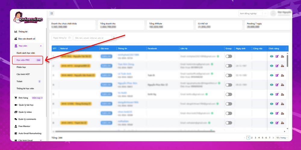 Truy cập tính năng quản lý học viên PRO