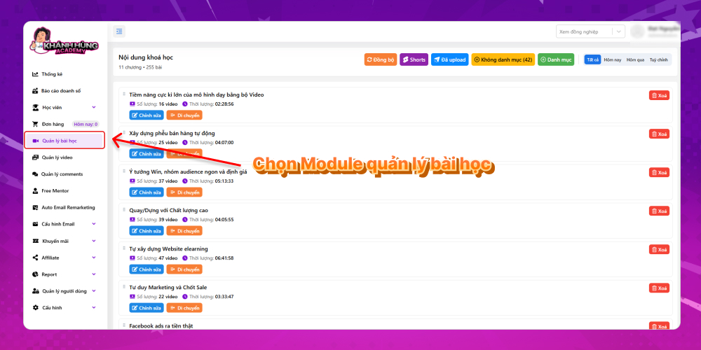 Chọn module quản lý bài học