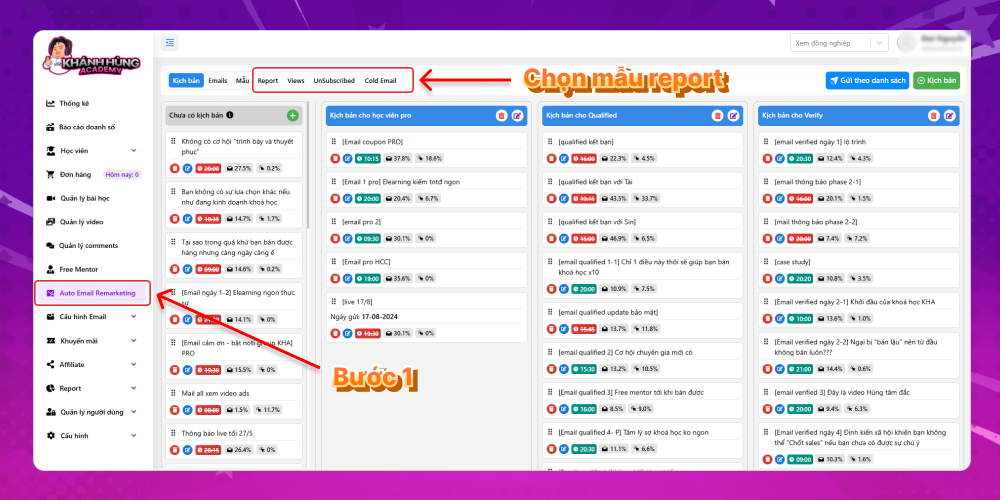 Truy cập tính năng report email remarketing