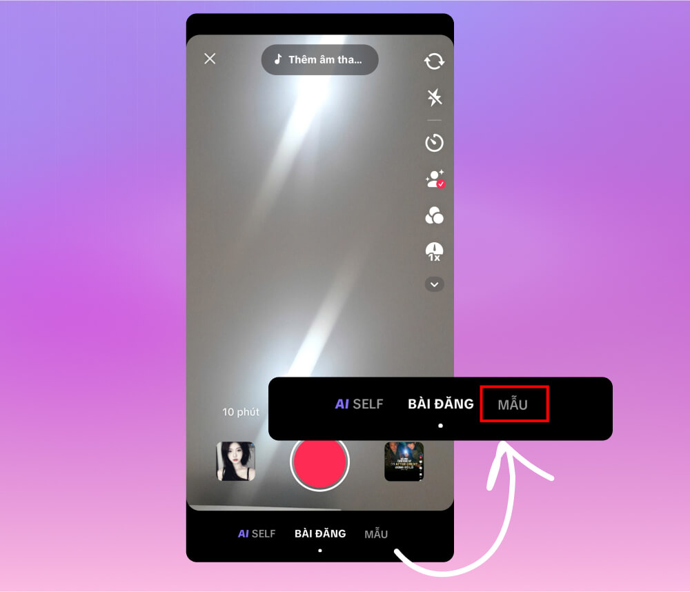 Thao tác chọn mục Mẫu để làm video TikTok từ hình ảnh