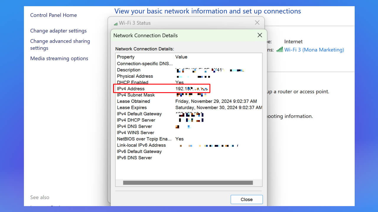 Dòng IPv4 Address chính là IP nội bộ của bạn trong hệ thống.      