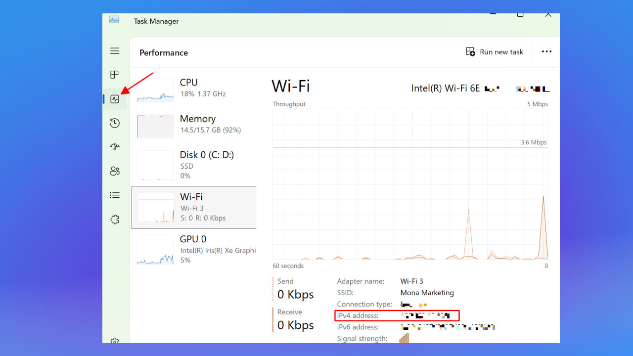 Trong cửa sổ Task Manager, chuyển sang tab Performance. Chọn Wifi