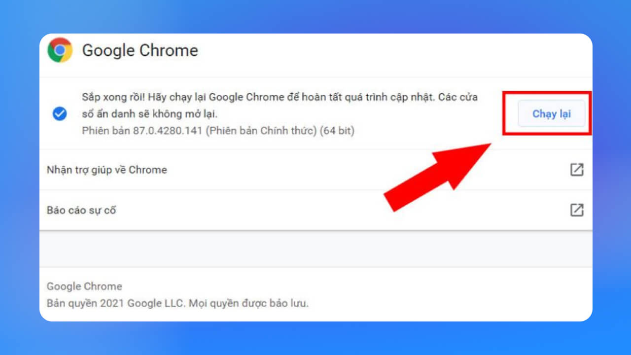 Cập nhật lại ứng dụng Chrome fix lỗi err_connection_timed_out