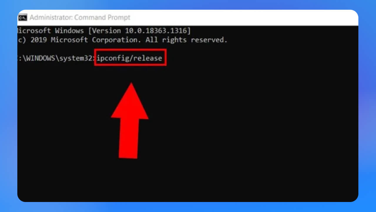 Giải phóng địa chỉ IP: Gõ lệnh ipconfig /release và nhấn Enter.