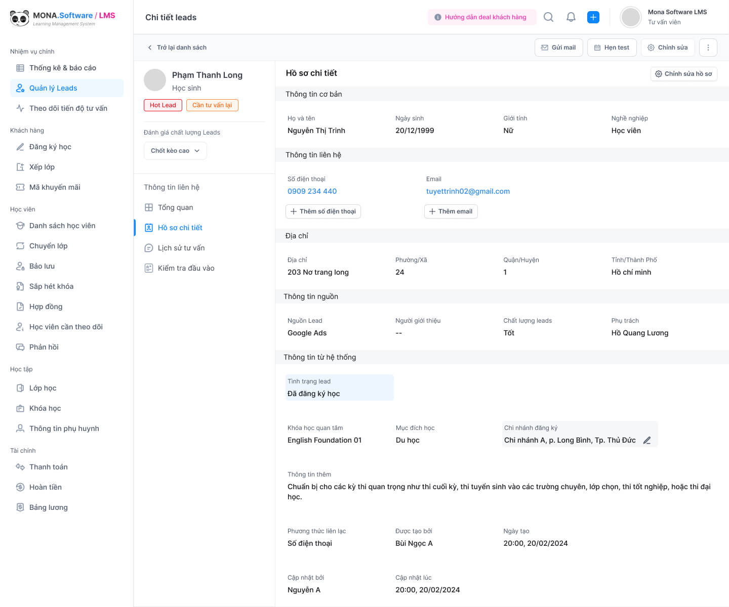 Chức năng quản lý chi tiết về thông tin người học của phần mềm quản lý học sinh MONA EduCenter