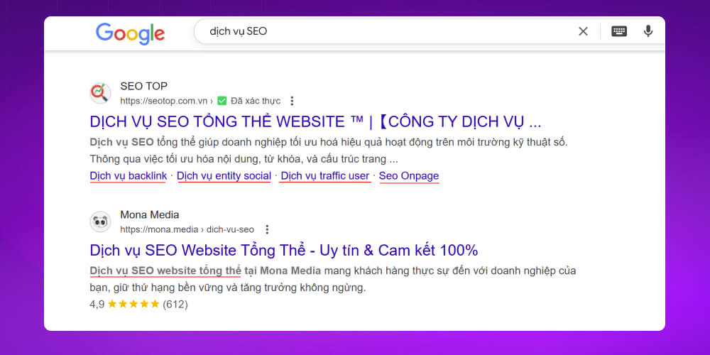 Thông tin trong trang kết quả tìm kiếm