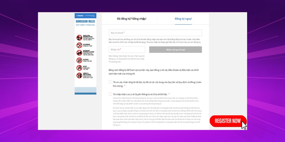 Tính năng đăng ký tham gia giúp khách hàng thao tác nhanh chóng ngay trên giao diện website hội chợ