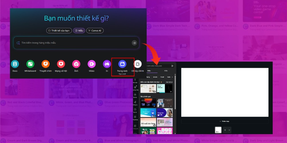 Lựa chọn mẫu thiết kế website trên Canva