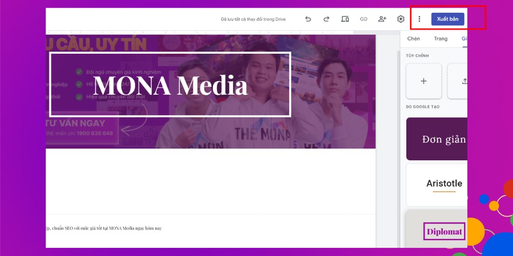 Nhấn vào mục xuất bản của mẫu thiết kế web Google Site Nhấn vào mục xuất bản của mẫu thiết kế web Google Site
