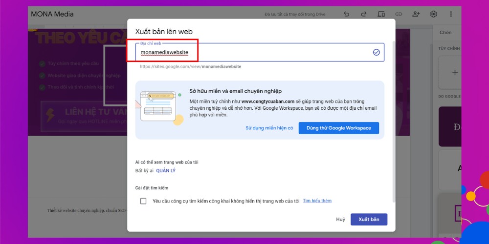 Tạo địa chỉ cho mẫu thiết kế web bằng Google Site Tạo địa chỉ cho mẫu thiết kế web bằng Google Site