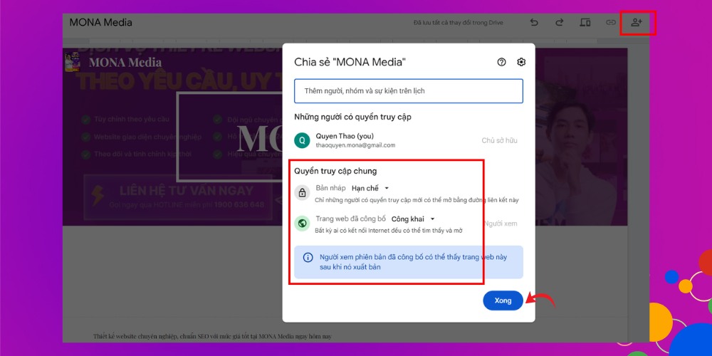 Chọn chế độ công khai cho website và nhấn vào chữ Xong