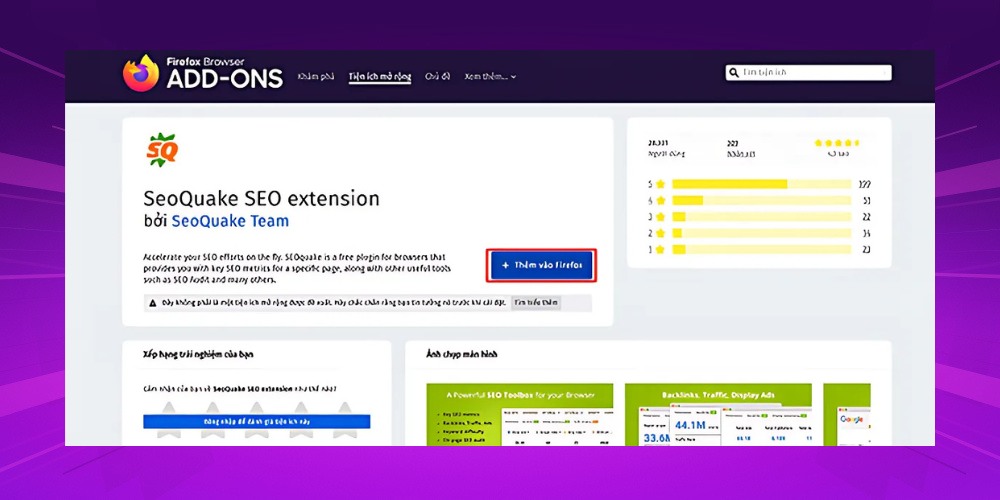 Nhấn vào chữ thêm Firefox để tải SEOquake Nhấn vào chữ thêm Firefox để tải SEOquake